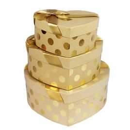 Kit com 3 Caixas Coração Kraft com Poá Dourado e Laço