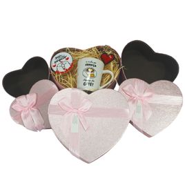 Kit com 3 Caixas Coração Rosa com Laço de Cetim
