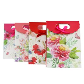 Kit 12 Sacolas Kraft Florais com Laço de Cetim Tam 16x12x6cm