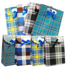 Kit com 12 Sacolas de Papel Kraft Estampa Xadrez 27x19x9cm