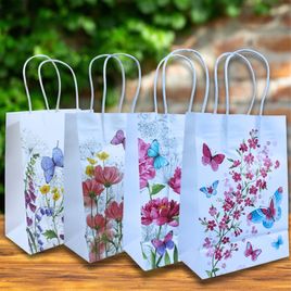 Kit 12 Sacolas de Papel para Presente tema Floral 15x8x21cm